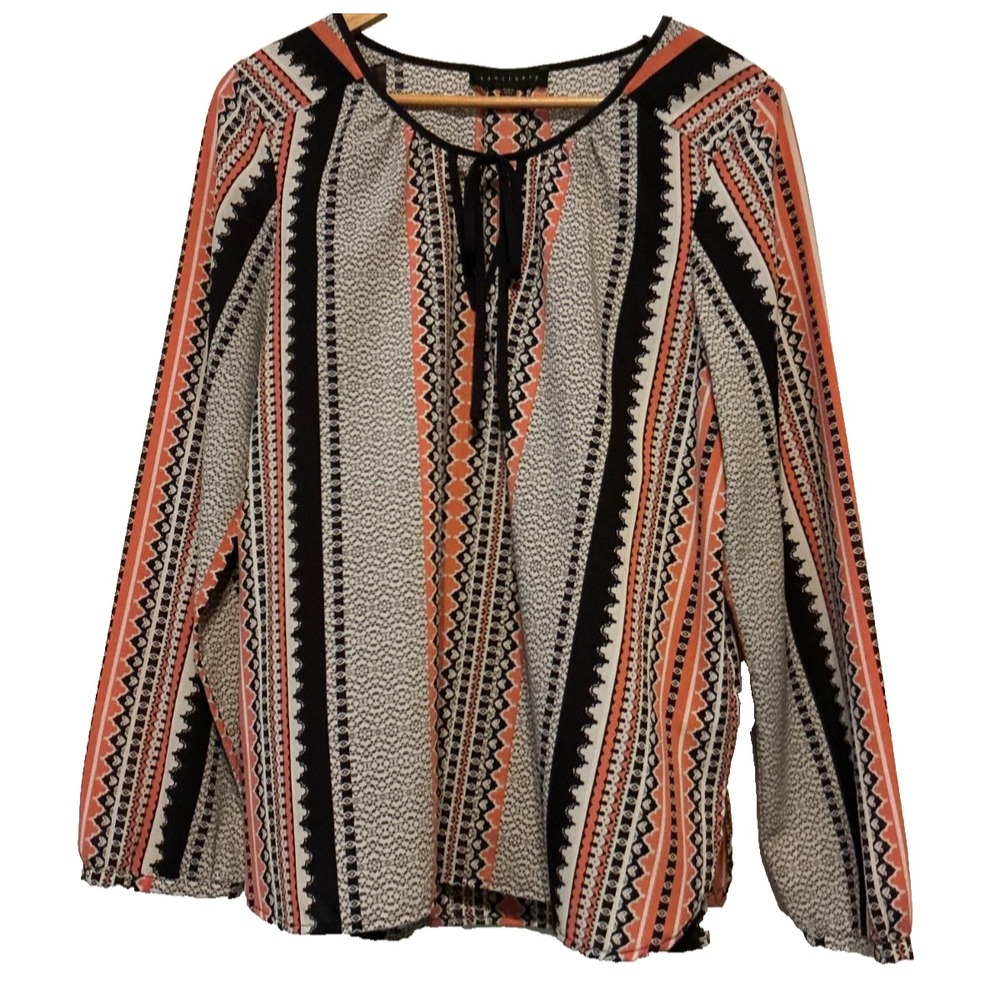 Sanctuary Women Medium Geometric Tribal Print V-Neck Tie Blouse Coral White Boho